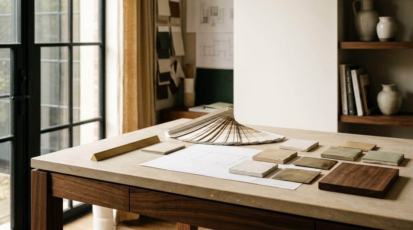 Architectural colour consultation visual with plans and paint samples